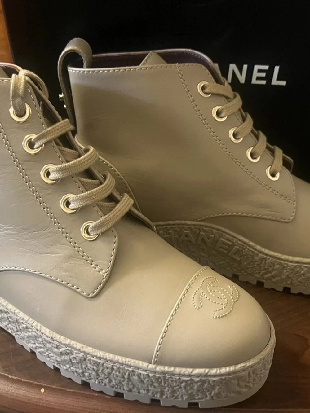 CHANEL CC Logo Beige Leather Turnlock Combat Boots